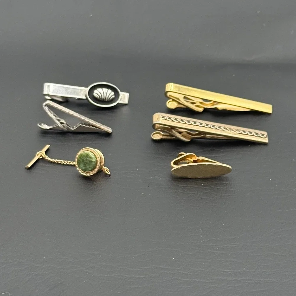Vintage Mens Tie Clip and Tie Tack Lot 6pc Gold Silver Tone Green Stone Shell